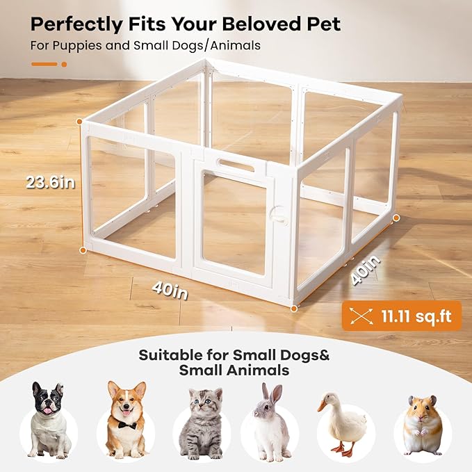 Clear Acrylic Dog Playpen Indoor, Puppy Cat Small Pet Play Pen, Pet Cat Foldable Playpen for Rabbits, Dog Fence Crate Kennel Whelping Cage (White, 8 Panel)