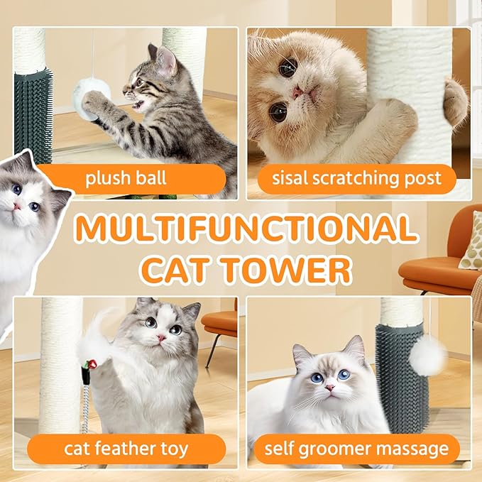 Small Cat Tree Tower, Cat Scratching Post 6-in-1 Cat Tree with Self Groomer Brush, Natural Sisal Scratcher Cute Kitten Scratching Post with Bed, Hanging & Track Toy for Indoor, Beige