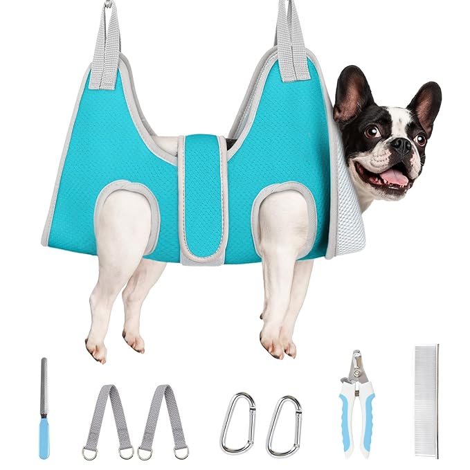 Supet Dog Grooming Hammock for Medium Dogs, Dog Hanging Harness for Nail Trimming Doorframe, Pet Holder Restraint for Clipping Nails, Pet Hoist Sling for Cutting Nails at Home (Blue M)