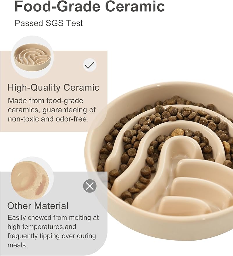Ceramic Maze Dog Slow Feeder with Non-Slip Silicone Rim – Heavy-Duty Stoneware Bowl with Puzzle Pattern for Bloating & Obesity Prevention (Apricot-M)