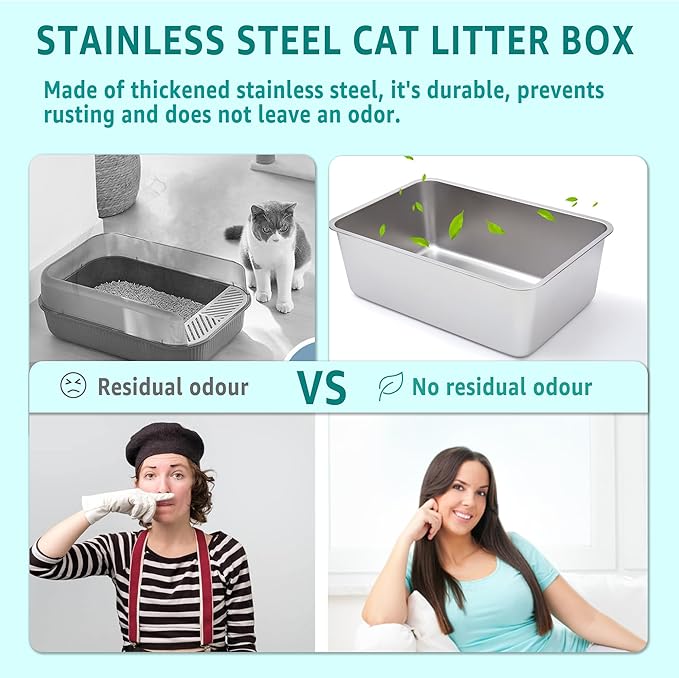 Stainless Steel Cat Litter Box 2 Pack-XXL Metal Litter Box for Adult Big Cats,Stainless Steel LitterBox Multiple Cats, Cat LitterBox -Pet Toilet Easy to Clean,Non Stick, No Smell