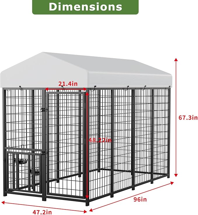 ROOMTEC Heavy Duty Outdoor Dog Kennel with Rotating Bowls, 8 x 4 x 5.6-ft