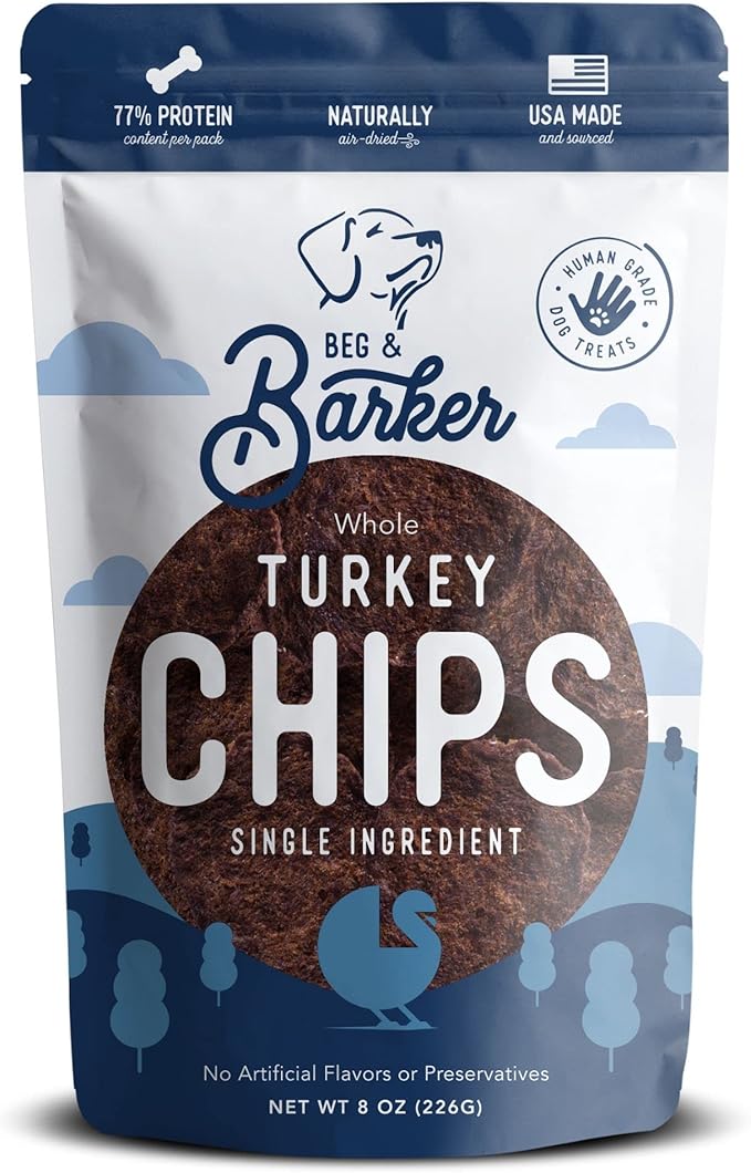 Beg & Barker Turkey Chips for Dogs (8 Ounce, Pack of 1) - Single Ingredient Dog Treats Made for Large & Small Dogs Protein Human Grade Dog Treats Made from Real Meat Turkey, Made in USA