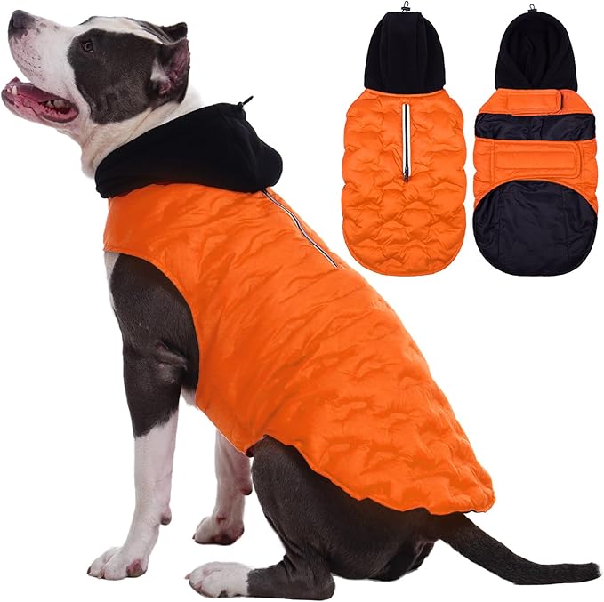Nanaki Easy On Adjustable Pet Winter Coat Vest-Cold Weather XL Dog Coats with Hood, Warm Reflective Dog Puffer Vest Snowsuit for Pitbull, Soft Lightweight Puffer Coat for Outdoor Activities, Orange