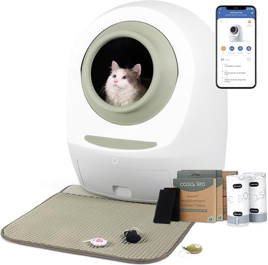 Casa Leo Leo’s Loo Too Self-Cleaning Cat Litter Box, Wi-Fi App Control, <30 dB Whisper-Soft, Anti-Pinch Sensors, UV Odor Defense, Health Monitoring, Large 24 × 22 × 27.6 in