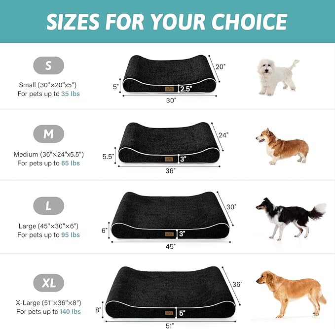Orthopedic Dog Bed for Small Dogs up to 35 lbs - Removable Washable Cover with Waterproof Lining & Non-Skid Bottom, Cotton-Polyester Blend Boat-Shaped Lounger Mattress, S(30x20x5in), Black