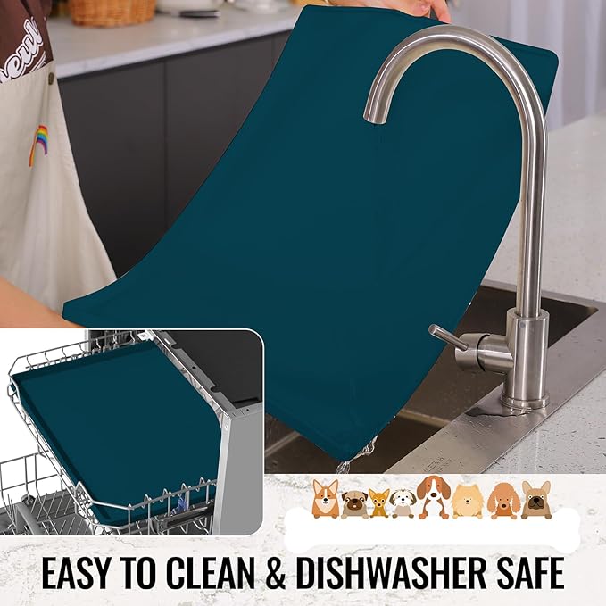 MateeyLife Dog & Cat Food Water Mat for Floors Waterproof, Nonslip Pets Bowl Feeding Mats with Raised Edges, Silicone Matt Tray for Messy Drinkers, 18"x12", Navy