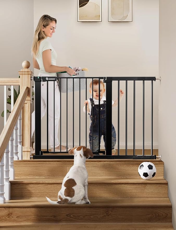COMOMY 30" Tall Baby Gate for Stairs Doorways, Fits Openings 29.5" to 46" Wide, Auto Close Extra Wide Dog Gate for House, Pressure Mounted Easy Walk Through Pet Gate with Door, Black