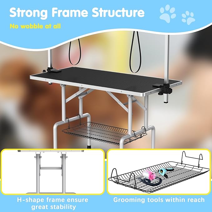 42''Large Dog Grooming Table, Adjustable Cat Drying Desktop with Arms, Nooses, Mesh Tray, Foldable Pet Station at Home, Maximum Capacity Up to 330Lb, 42inch, Black