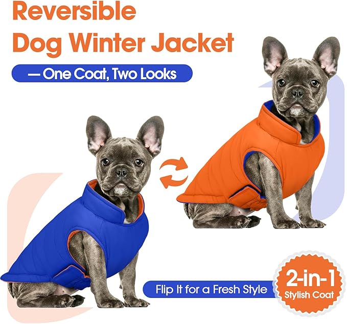 QBLEEV Reversible Dog Puffer Coat, Warm Orange Vest for Dogs, Waterproof Windproof Padded Jacket for Small Dogs, Adjustable Puppy Winter Coats, XS Snow Cold Weather Coats for Chihuahua Yorkie