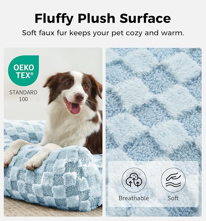 MADE 4 PETS Cat and Dog Indoor Couch Bed, Soft Faux Fur Checkered Pet Sofa, Cozy Fluffy Pet Sofa with Supportive Foam, Removable Washable Cover with Non-Slip Base, Blue, Medium