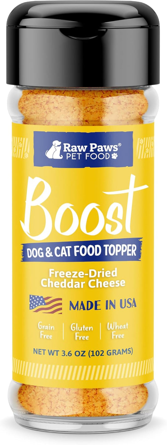 Raw Paws Boost Pet Food Topper Freeze-Dried Cheese, 3.6-oz - Made in USA - Dog Food Toppers for Picky Eaters - Dog Cheese Treats Dog Food Seasoning - Meal Toppers for Dogs, Kibble Toppers for Dogs
