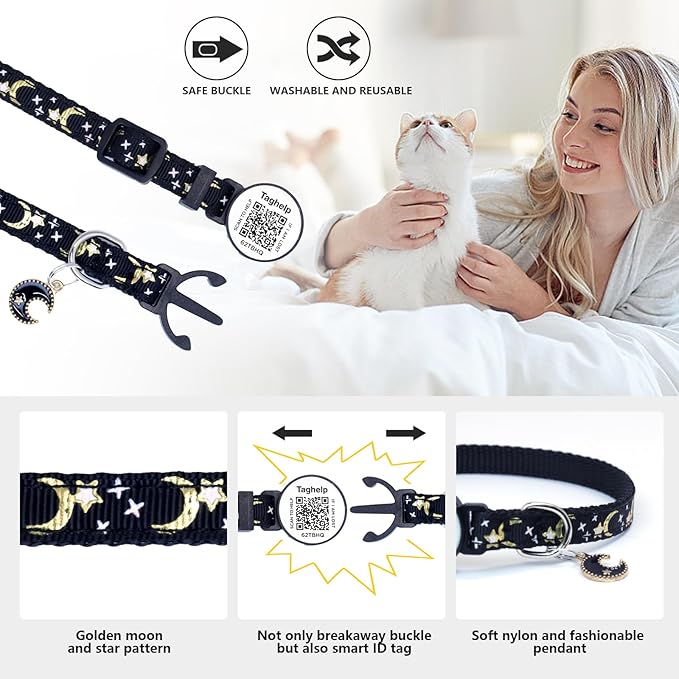 2 Pack Stars and Moon, Solid & Safe Safety Plaid Kitten Collars with QR ID Tag for Girl Boy for Cats, Pet Collar, Breakaway Cat Collar,Silent, Lightweight,Durable QR Code Pet ID Tags (Black&Blue)