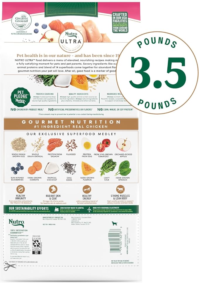 Nutro Ultra Adult Small Breed Dry Dog Food, Chicken, Lamb and Salmon Protein Trio, 3.5 lb Bag