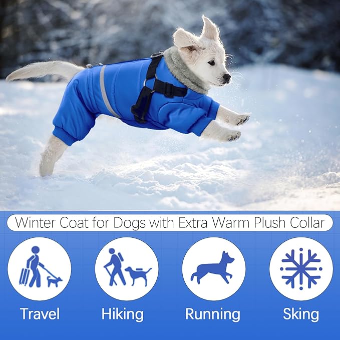 BRKURLEG Blue Dog Winter Coat, Cozy Winter Dog Jackets, Small Medium Dogs Coat with Harness, Onesie Body Warm Puppy Christmas Jacket, Pet Cold Weather Jackets, Puppy Four-Legged Puffer Coats, XXL