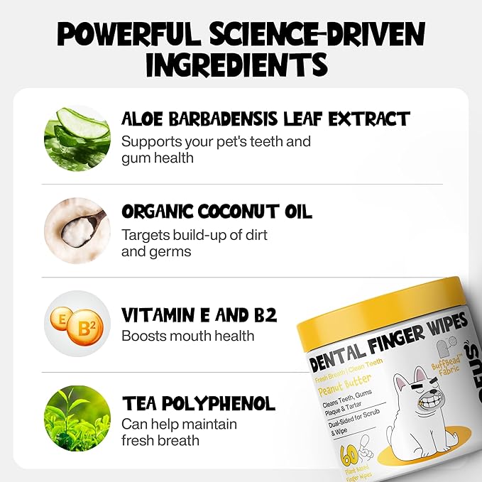 Dog Teeth Cleaning Wipes 60 Packs - Peanut Butter Dental Wipes to Reduce Plaque & Tartar for Dogs & Cats - Pet Dental Wipes for Oral Freshness