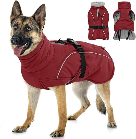 Queenmore Large Coat, Winter Jacket, Waterproof Puffy Snowsuit for Dogs - Adjustable Reflective Fleece Lining Warm Padding Parka for Cold Weather, Red L