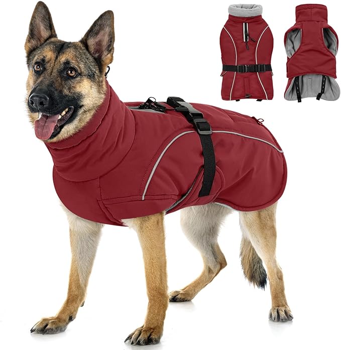 Queenmore XXL Dog Coat, Winter Jacket for Large Dogs, Waterproof Puffy Snowsuit, Adjustable Reflective Fleece Lining Warm Padding Parka for Cold Weather, Red 3XL