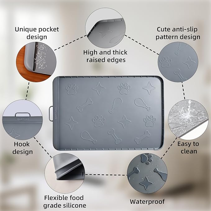 Silicone Cat Litter Mat with Collection Pocket, 42" x 28" Large Cat Litter Box Mat Waterproof Anti-Slip Litter Trapping Mat with Edge and Handle Pet Placemat for Floors (Dark Grey)