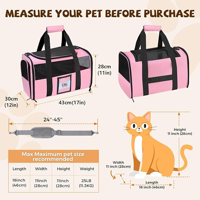 Cat Carrier, Dog Carrier for Small Dog Medium Cats,Pet Travel Bag Puppies up to 15 Lbs,TSA Airline Approved Cat Carrier Soft