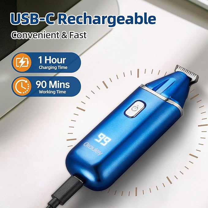 Dog Paw Trimmer with Protective Cap, Low Noise Dog Clippers for Grooming with LED Light Rechargeable Corldless Precision Trimmer for Large/Small Pet Paws, Ears, Face, Jewel Blue