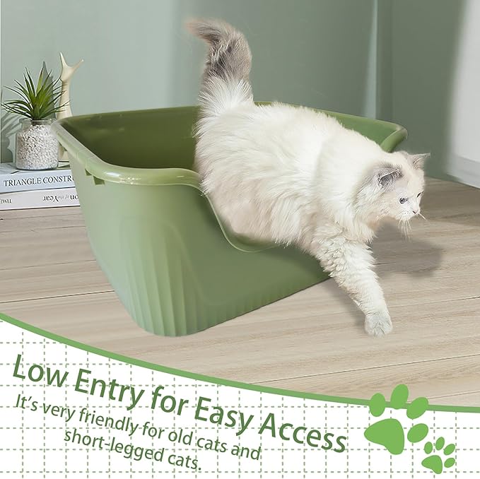 Large Cat Litter Box with High Sides,17.5"x15"x8.9" Open Top Cat Litter Pan Anti Splashing Non-Stick Litter Tray Low Entry Cat Litter Boxes Jumbo Kitty Litter Toilet Easy Clean for Cats(Green)