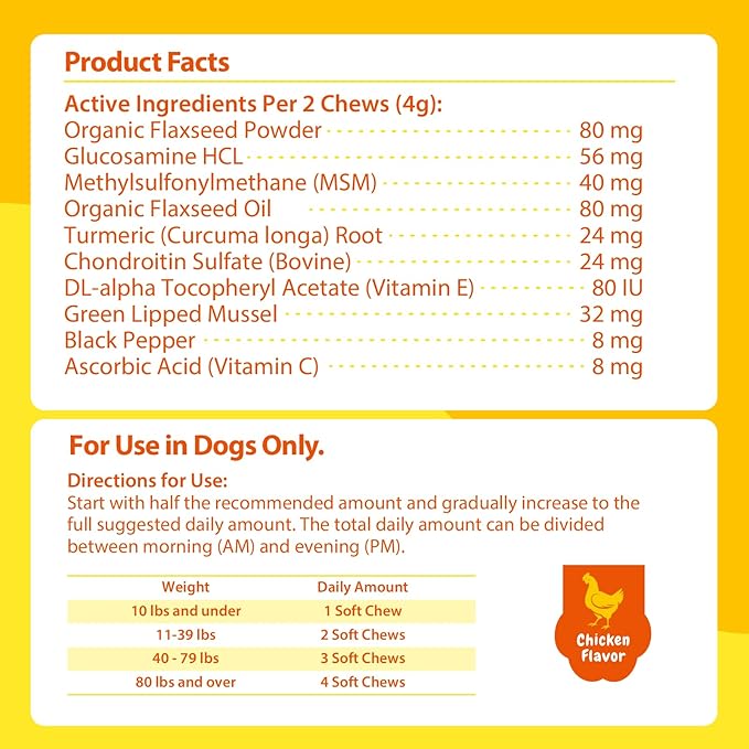 PENPENPET Hip and Joint Supplement for Dogs with Glucosamine for Dogs Chondroitin, MSM, and Turmeric to Support Joint Health, Promote Mobility (Chicken Chews, 180ct)