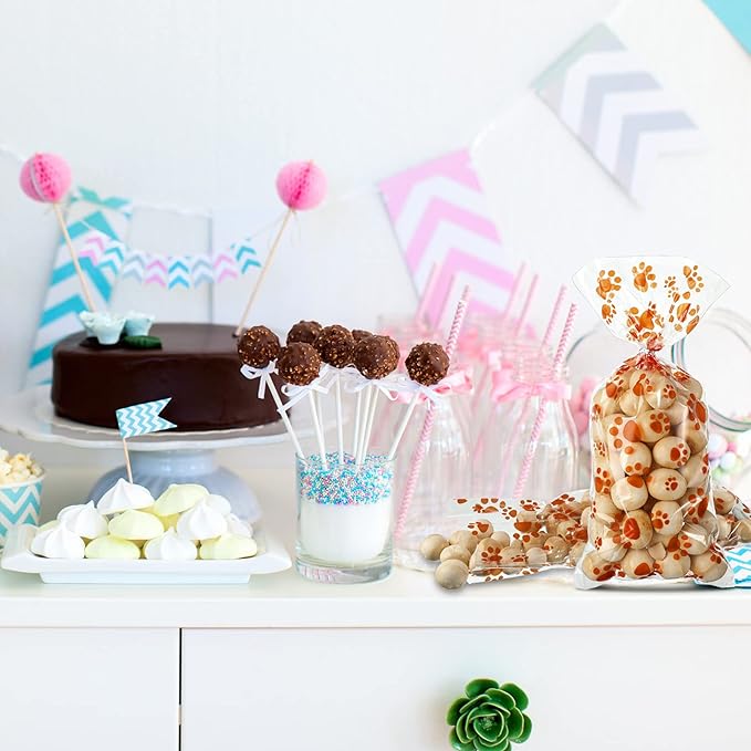 Blulu 100 Pieces Dog Treat Bags Puppy Party Favor Pet Paw Cone Cellophane Bags Candy Heat SealableDog Paw Gift with 100 Pieces Silver Twist Ties for Pet Cat Treat Party Favor(Orange)