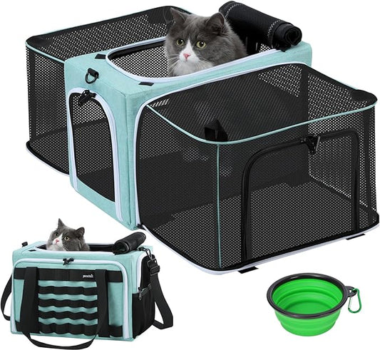 Pecute Cat Carrier Expandable, Airline Approved Cat Soft-Sided Carriers, Breathable Pet Carriers up to 5kg/12lbs, Collapsible Cat Bag Carrier Great for Travel, Outdoor, Hiking, Camping, Light Blue