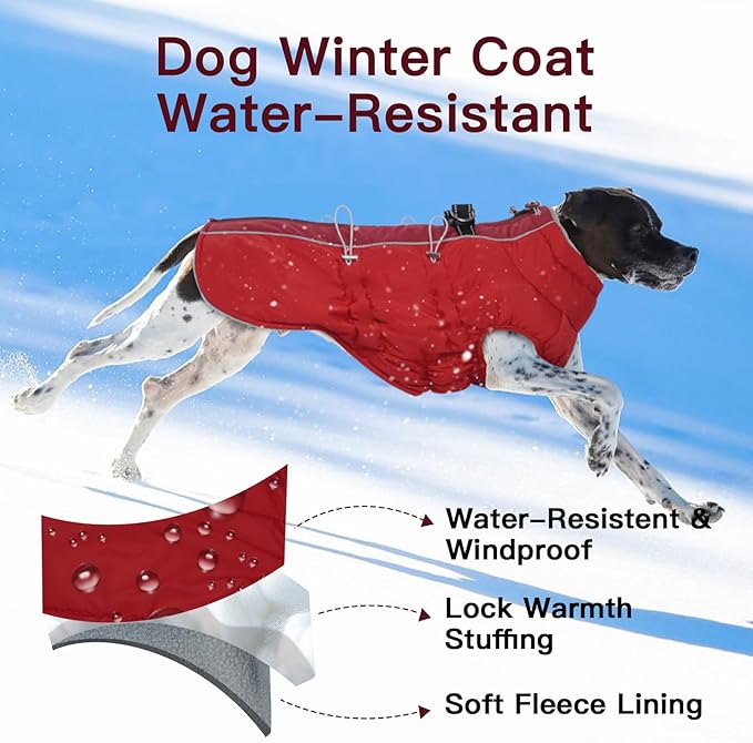 Dog Winter Jacket - 3X Large, Warm Zip Up Snowsuit Dog Harness Vest, Reflective, Water-Resistant, Red
