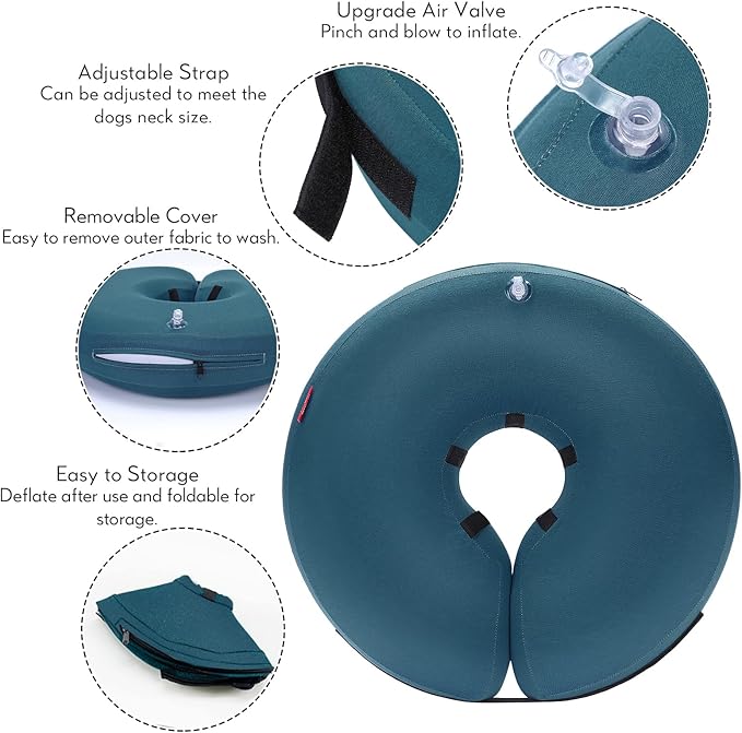MIDOG Inflatable Dog Cone Alternative for After Surgery - Soft Protective Donut Collar Prevents Licking & Allows Eating, Comfortable Recovery E-Collar Alternative for Small Medium Large Dogs (Blue,M+)