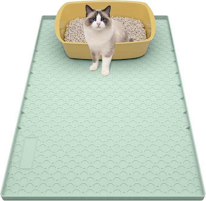 34"x22" Litter Mats Extra Large Easy Clean, Cat Litter Mat Large, Silicone Dog or Cats Feeding mat Waterproof, Cat Litter Mats for Indoor Cats, Green
