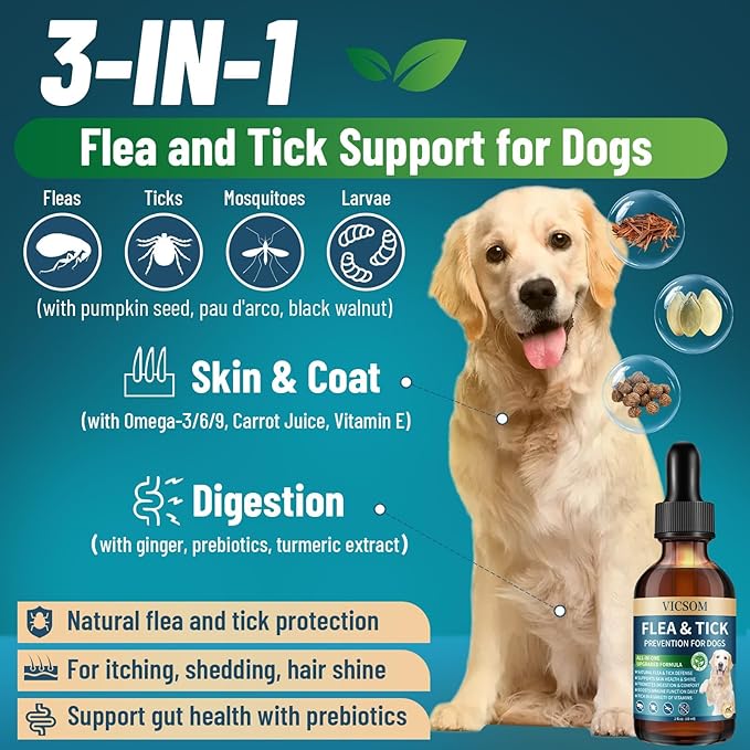 VICSOM Cat & Dog Flea Prevention Bundle: Natural 3-in-1 Herbal Drops for Sensitive Pets - Salmon (Cat) + Chicken (Dog) Flavor | Seasonal Support, Digestive Health & Skin Care