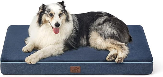 Bedsure Memory Foam Dog Beds Large Sized Dog - Orthopedic Pet Beds for Crate with Removable Washable Cover and Nonskid Bottom, Plush Flannel Fleece Top Pet Mat, Navy