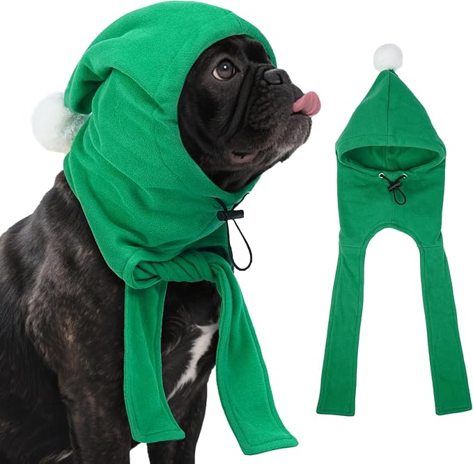DENTRUN Dog Hood with Scarf - Warm Fleece Ear Cover for Medium Dogs, Adjustable Christmas Outfit with Pom Pom, Green (M:10-13" Head Girth)