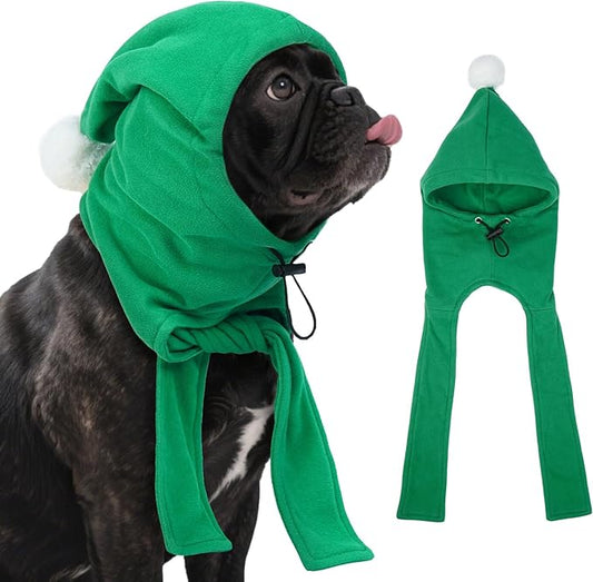 DENTRUN Dog Hood with Scarf - Warm Fleece Ear Cover for Medium Dogs, Adjustable Christmas Outfit with Pom Pom, Green (M:10-13" Head Girth)