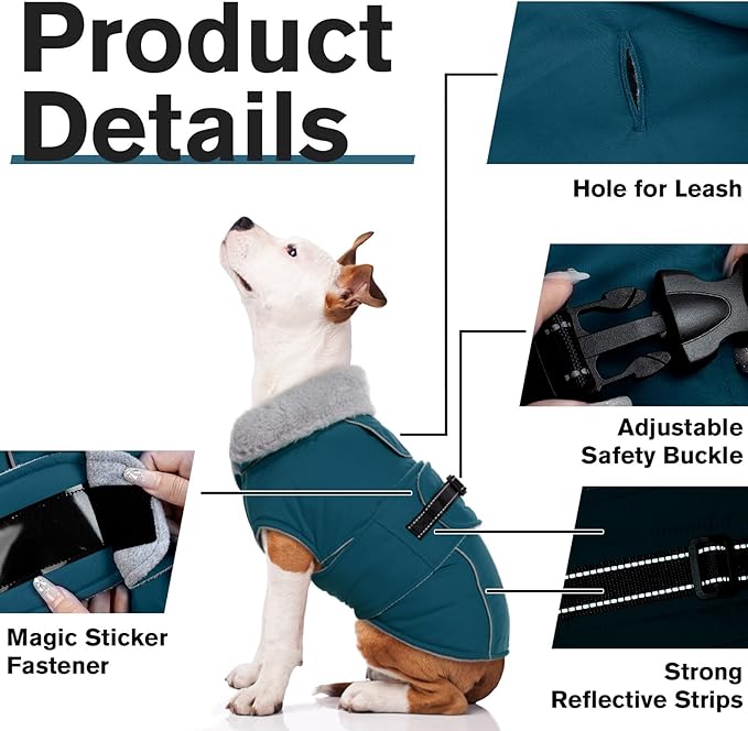 Lelepet Warm Dog Coat Reflective Fleece Vest Waterproof Dog Jacket with Adjustable Buckle Hook & Loop Windproof Cold Weather Coats for Small Medium Large Dogs, Dark Green, L