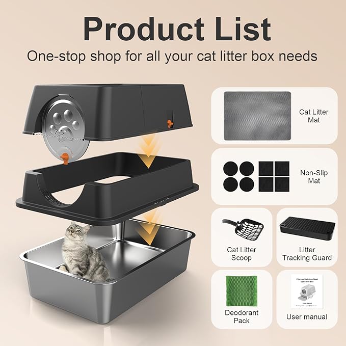 Stainless Steel Litter Box with Lid, XL Extra Large Litter Box, Enclosed Top Entry Metal Litterbox for Big Cat, Easy Cleaning, Anti-Leakage & High Sided with Mat, Aisle & Scoop Black
