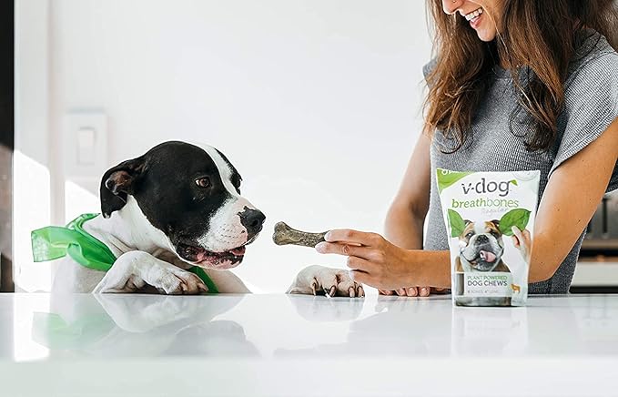 V-dog Dog Treats - Vegan Breathbone Teeth Cleaning Dental Bones - Fresh Breath - 8 Ounces - Minis - All Natural, Made in USA - 10 Bones - 3" Long - Easy to Digest
