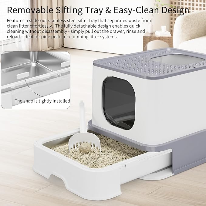 RIZZARI Stainless Steel Cat Litter Box: Large Leak-Proof Odor-Free Design - XL Gray - for Indoor Cats Pet Owners Solution