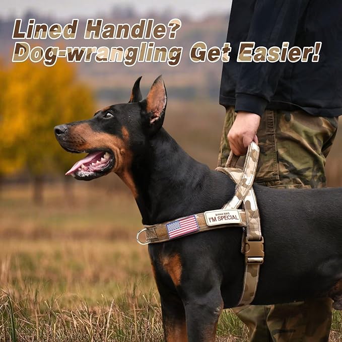 Forestpaw No Pull Dog Harness with Large Handle,Slip on Reflective Vest with Quick Release Buckle,Comfortable Flannel Lining for Medium Large Dogs Walking Training (Includes 3 Patches),Brown Camo M