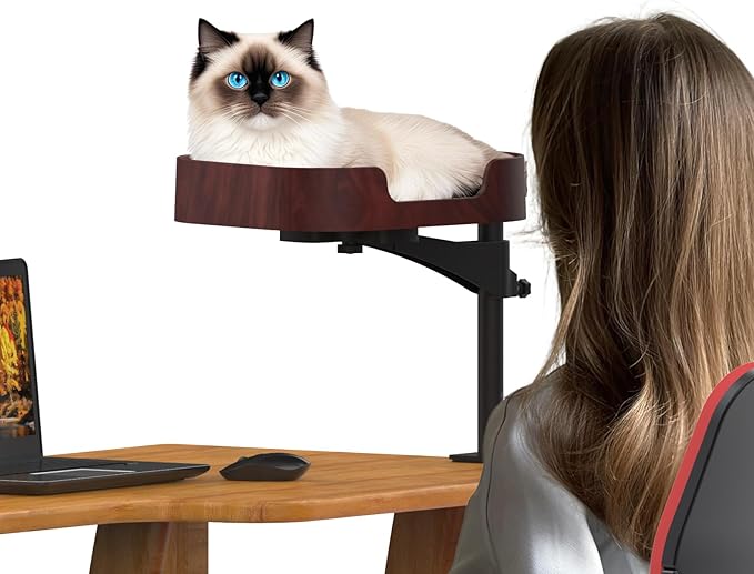 Cat Desk Bed, Adjustable Up and Down and 360° Rotatable for Elevated Pet Habitat in The Home&Office - Space-Saving, Comfortable Litter, Pet Mat and Removable Indoor Cat Mat