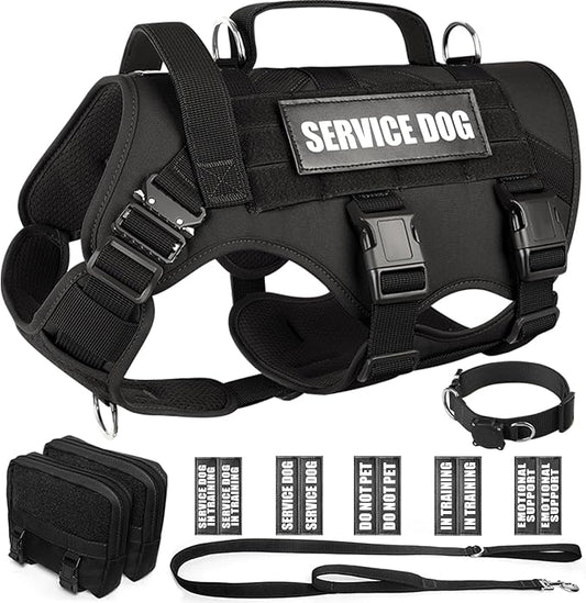 WINSEE Tactical Dog Harness with Dog Leash, Dog Collar, Service Working MOLLE Vest with 10 Pet Patches for Medium Dog, No Pull Military Harness and Backpack with Airtag Holdler
