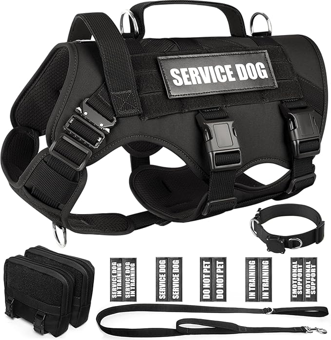 WINSEE Tactical Dog Harness with Dog Leash, Dog Collar, Service Working MOLLE Vest with 10 Pet Patches for Large Dog, No Pull Military Harness and Backpack with Airtag Holdler