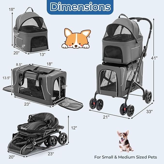 Giantex Double Dog Stroller for 2 Dogs, Detachable Carriers, Safety Belt, 4 Lockable Wheels, Pet Travel Carrier Strolling Cart, Folding Cat Stroller for Small Medium Pets Dogs (Gray)