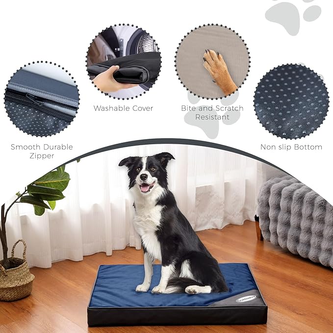 Orthopedic Outdoor Waterproof Dog Beds for Medium Dogs, Washable Crate Bed with Egg Crate Foam Pet Bed Mat and Removable Oxford Fabric Cooling Cover Bed,36"x 26", Navy