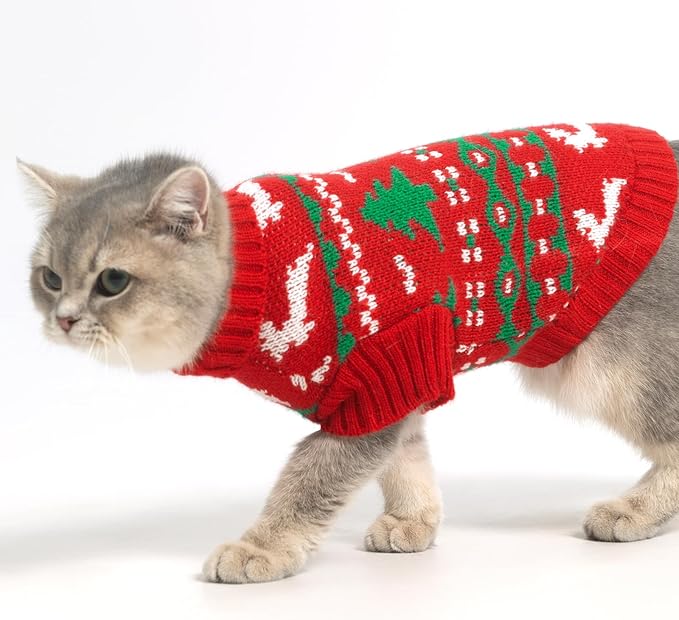 KOOLTAIL Cat Sweater Turtleneck- Soft Knit Cat Christmas Sweaters for Cats Only, Elk Christmas Tree Pattern Thick Warm Cold Weather Pet Clothes Outfit for Small Medium Large Size Kitten Puppy Red L