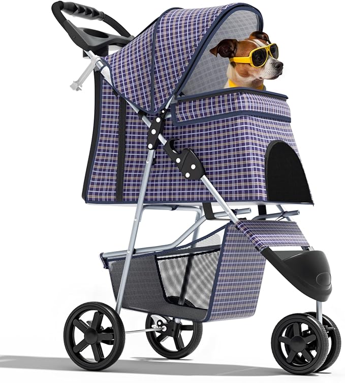 Magshion 3-Wheel Pet Stroller, Foldable Travel Jogger for Small & Medium Dogs & Cats (Up to 33lbs), Lightweight Carrier with Breathable Mesh Cover, Cup Holder & Storage Basket, Plaid