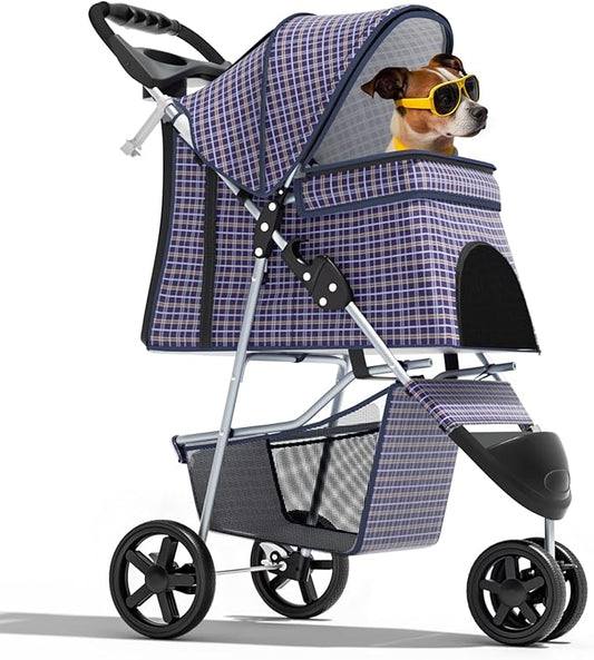 Magshion 3-Wheel Pet Stroller, Foldable Travel Jogger for Small & Medium Dogs & Cats (Up to 33lbs), Lightweight Carrier with Breathable Mesh Cover, Cup Holder & Storage Basket, Plaid