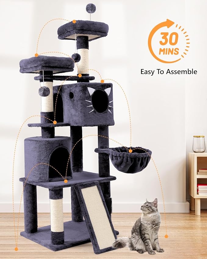 66in Multi-Level Large Cat Tree Tower for Indoor Cat/Kitties, Mordern Cat Tower with Sisal Scratching Posts, Condos and Hammock, Perches, Ramp for Climbing Heavy Duty